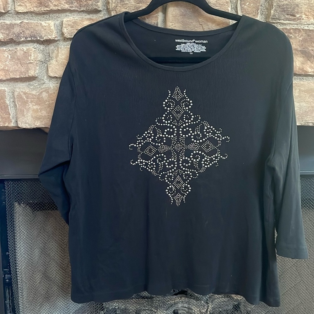 Westbound Woman black shirt with silver embellishments. Size 1X
